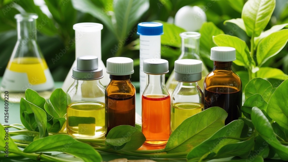 Vials and flasks in lush green foliage and chemical compounds background, science and medicine, natural remedies... Vials and flasks in lush green foliage and chemical compounds background, science and medicine, natural remedies...