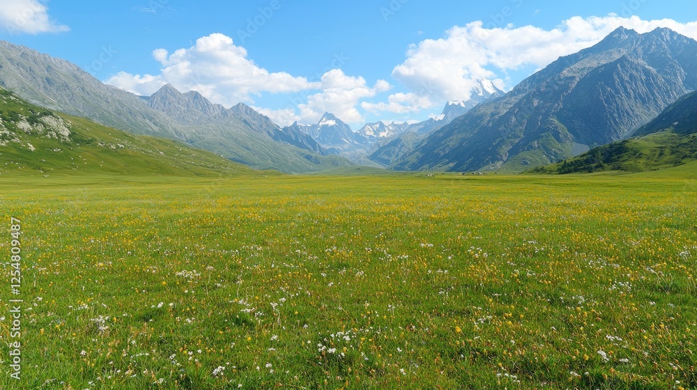 Fototapeta premium Vibrant green alpine meadow filled with wildflowers stretches across a vast mountain valley under a blue sky with white clouds.