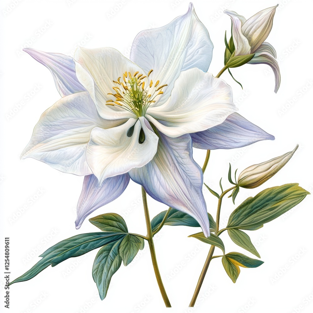 Fototapeta premium Exquisite White Flower Illustration with Delicate Petals and Vibrant Green Leaves against a Pure Background