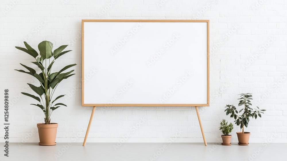 Minimalist interior with a blank canvas on a wooden easel, surrounded by potted plants and white walls Minimalist interior with a blank canvas on a wooden easel, surrounded by potted plants and white walls