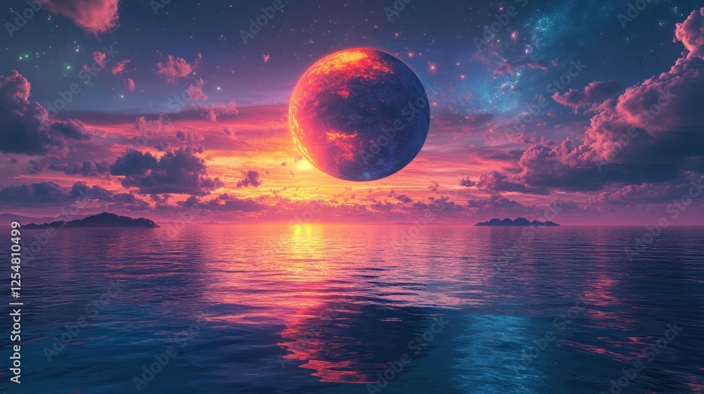 Alien planet sunset over ocean; fantasy landscape Alien planet sunset over ocean; fantasy landscape