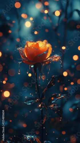 Evening bloom of a vibrant rose glistening with dew under a soft glow of fairy lights