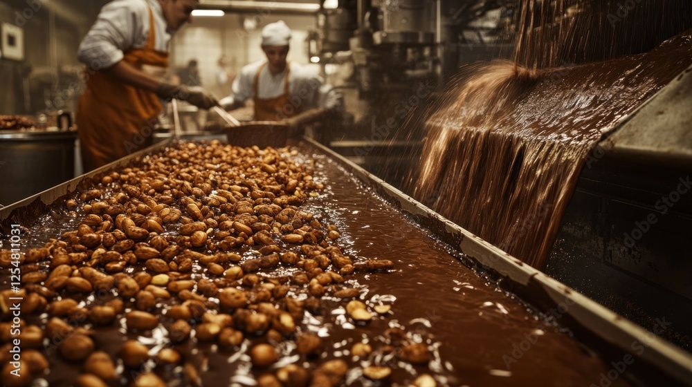 Factory workers coat nuts in chocolate on conveyor belt
