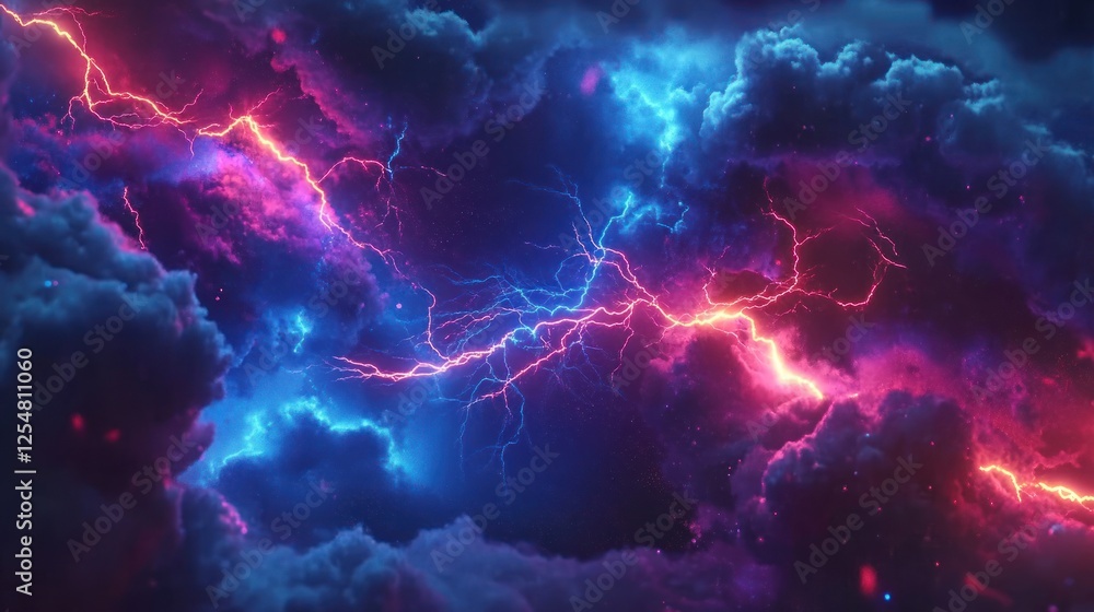 Fototapeta premium Fiery blue lightning storm cloudscape, digital art, game background