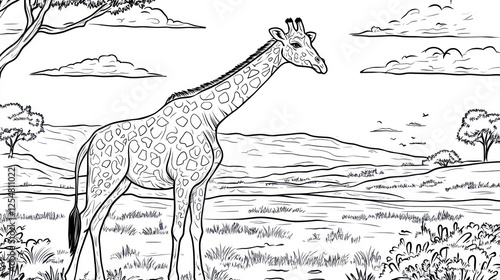 Giraffe in African Savanna Landscape, Coloring Page photo