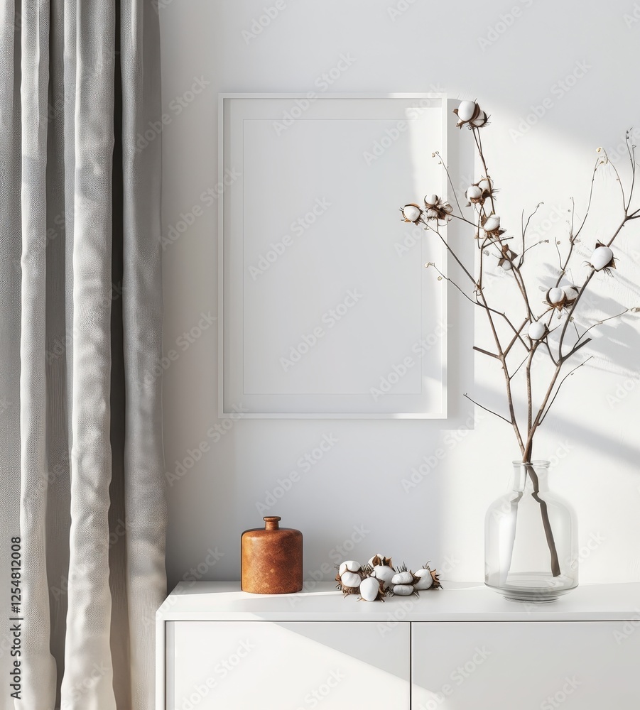 Fototapeta premium Minimalist white interior with a framed picture. cotton branches in a vase. and a wooden box on a white dresser