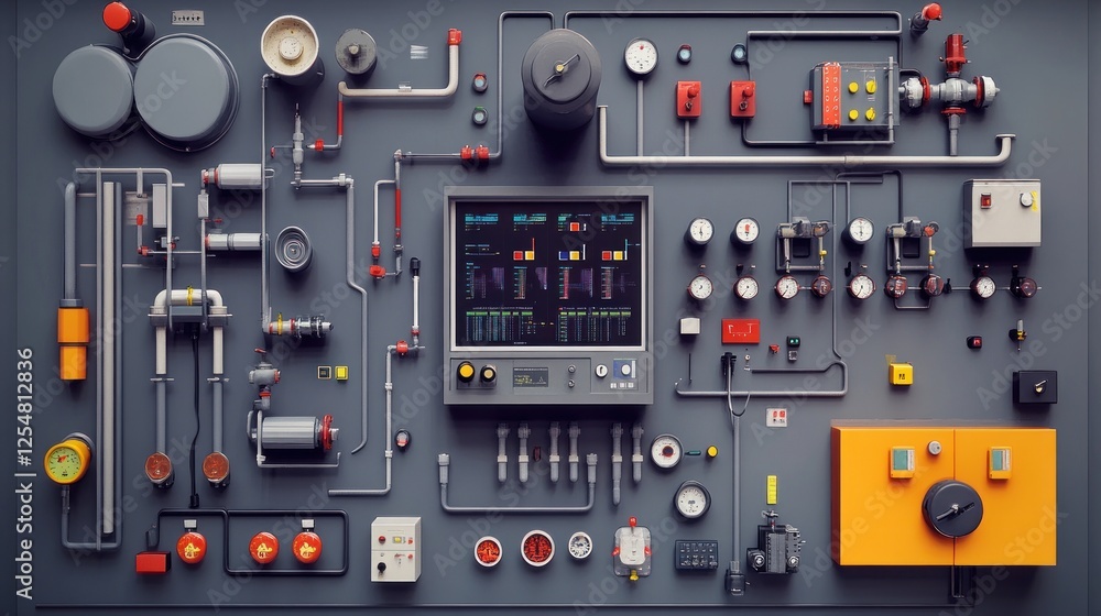 Industrial control panel; system monitoring; factory; data display; process automation; overhead view; website design Industrial control panel; system monitoring; factory; data display; process automation; overhead view; website design
