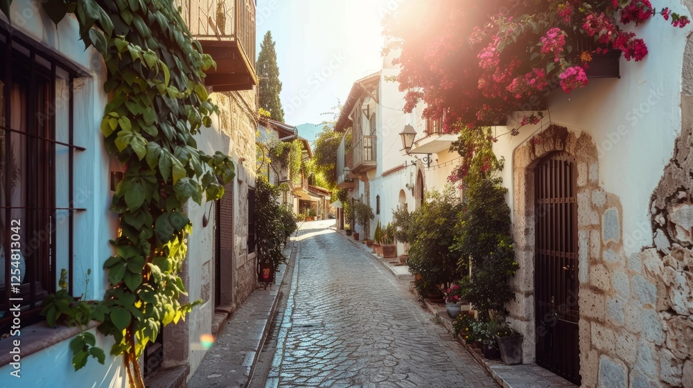 Fototapeta premium A street with small old houses with flowers 