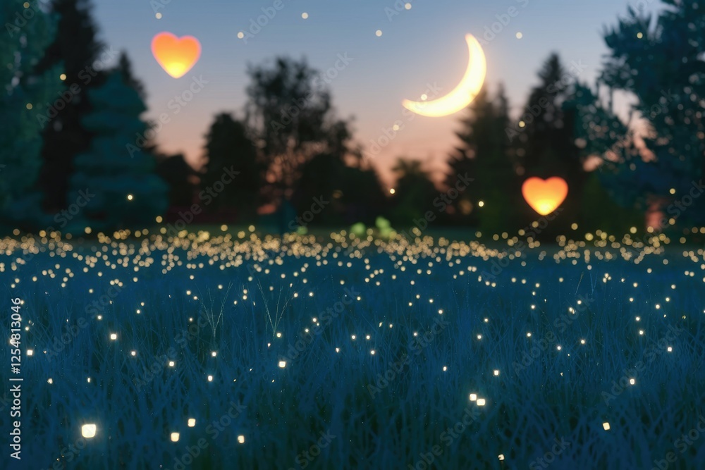 Obraz premium Glowing fireflies illuminate a serene night field under a crescent moon and floating hearts.