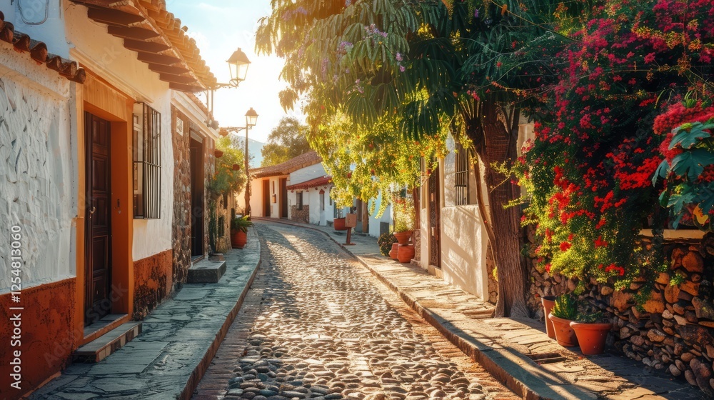 Obraz premium A street with small old houses with flowers 