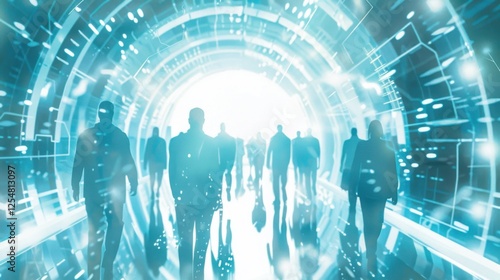 Stock Illustration of Bridge Connecting Diverse People Toward a Bright Horizon in Futuristic Silver and Electric Blue, 