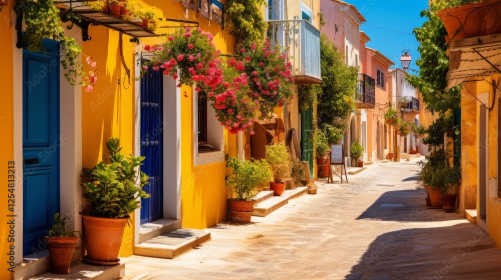Fototapeta premium A street with small old houses with flowers