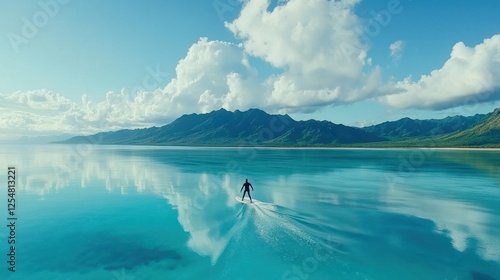 Man hydrofoiling tropical lagoon, mountains backdrop, adventure tourism photo