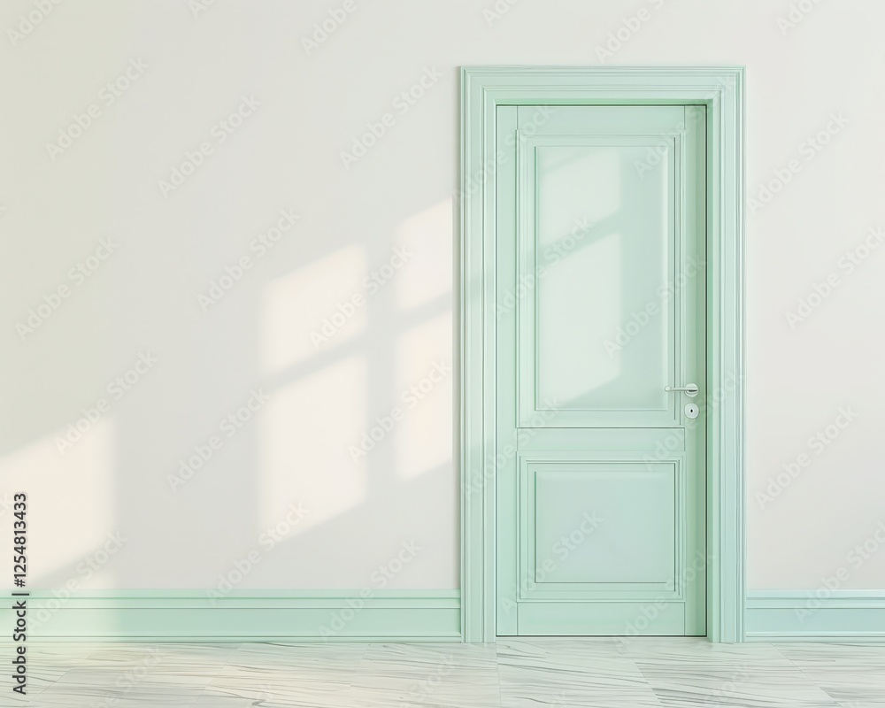 A closed. light green door with a silver door handle in a minimalist. white room with light streaming through a window A closed. light green door with a silver door handle in a minimalist. white room with light streaming through a window
