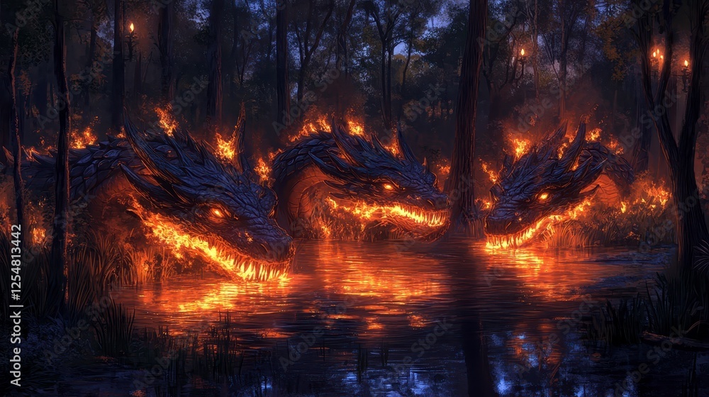 Imaginative creatures emerging from a dark, misty forest, lit by an orange fire, surrounded by trees, showcasing a digital painting style and magical Imaginative creatures emerging from a dark, misty forest, lit by an orange fire, surrounded by trees, showcasing a digital painting style and magical