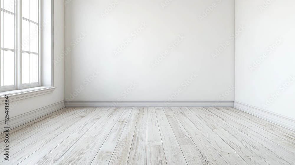 Spacious, empty room with white walls and wooden floor, sunlight streaming through windows Spacious, empty room with white walls and wooden floor, sunlight streaming through windows