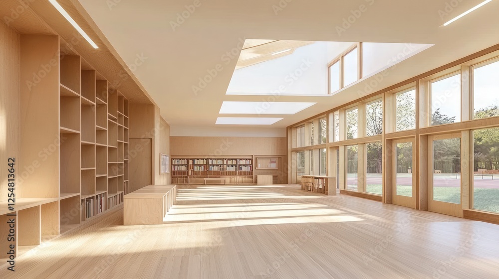 Fototapeta premium Bright, wooden classroom library, school, sunlight, nature view, education