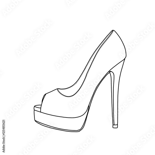 Technical sketch of women's platform stiletto heels shoes peep toe pumps line art, side view. Flat sketch vector. Isolated on a white background