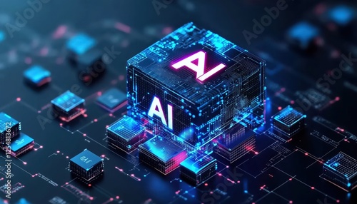 Illuminated AI Technology Cube Surrounded by Digital Circuitry with Futuristic Glow