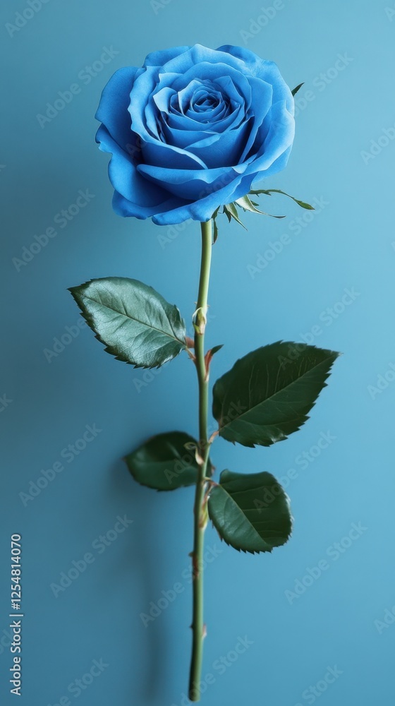 Fototapeta premium Elegant blue rose stands tall against a serene blue backdrop, embodying beauty and uniqueness in every petal