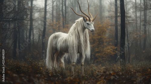 Majestic white horse with long flowing mane and antlers in a misty forest, autumnal colors in background, soft lighting, mystical aura, fantasy photo