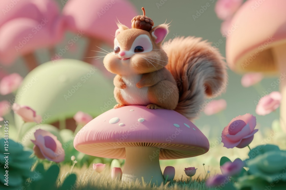 Fototapeta premium Adorable 3D-rendered chipmunk sits contentedly atop a pink mushroom in a whimsical, flower-filled landscape.