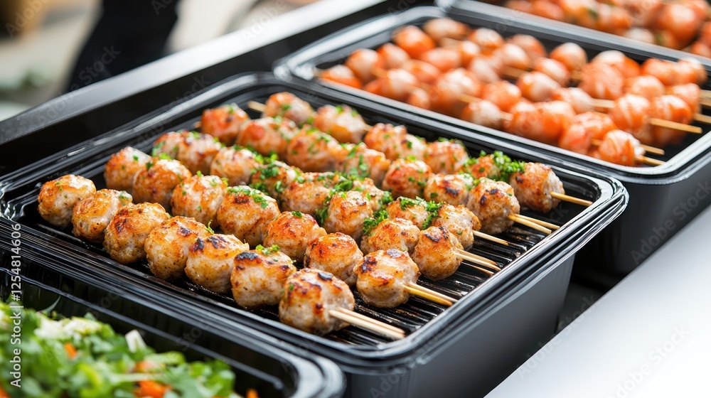 Grilled meatballs skewers food market outdoor catering Grilled meatballs skewers food market outdoor catering