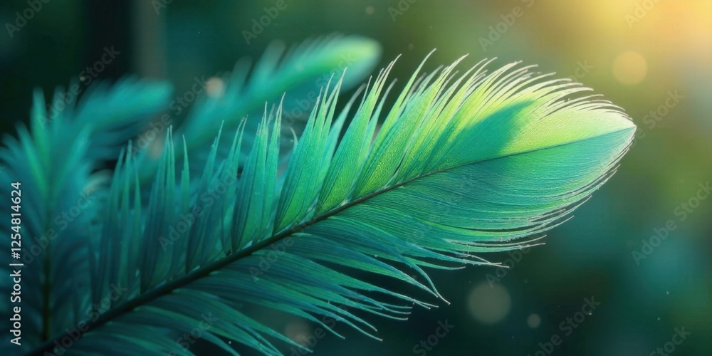 Obraz premium Close-up view of a vibrant teal frond, illuminated by soft sunlight, showcasing intricate details and textures of nature's artistry