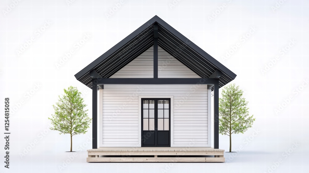 Modern Cabin Retreat: A charming, minimalist cabin with a dark-framed roof and a sleek black door is nestled amongst two small trees, offering a sense of tranquility and modern rustic appeal. Modern Cabin Retreat: A charming, minimalist cabin with a dark-framed roof and a sleek black door is nestled amongst two small trees, offering a sense of tranquility and modern rustic appeal.