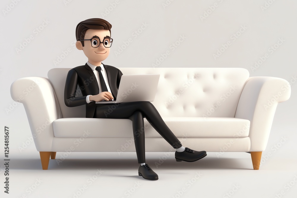 A cheerful 3D cartoon businessman working on his laptop while sitting on a sleek black sofa. Perfect for office, freelance, or digital workspace themes. Bright, modern, and professional A cheerful 3D cartoon businessman working on his laptop while sitting on a sleek black sofa. Perfect for office, freelance, or digital workspace themes. Bright, modern, and professional