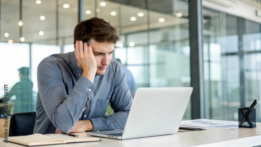 Frustrated young businessman working on a laptop in an office Frustrated young businessman working on a laptop in an office