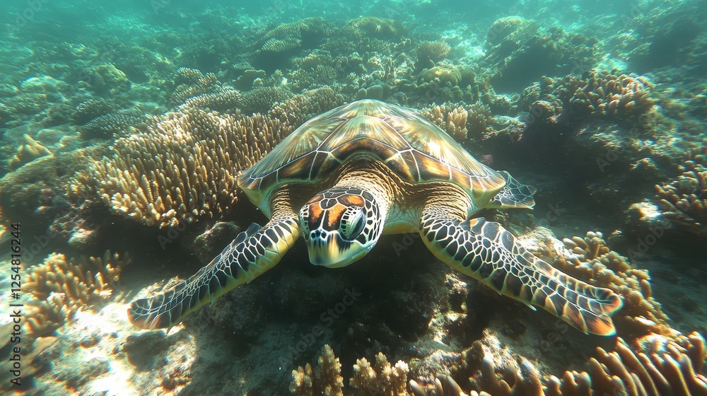 Fototapeta premium Sea turtle swimming over coral reef, underwater scene, sunlight filters through water, marine life, tropical fish and coral, tropical waters, sea