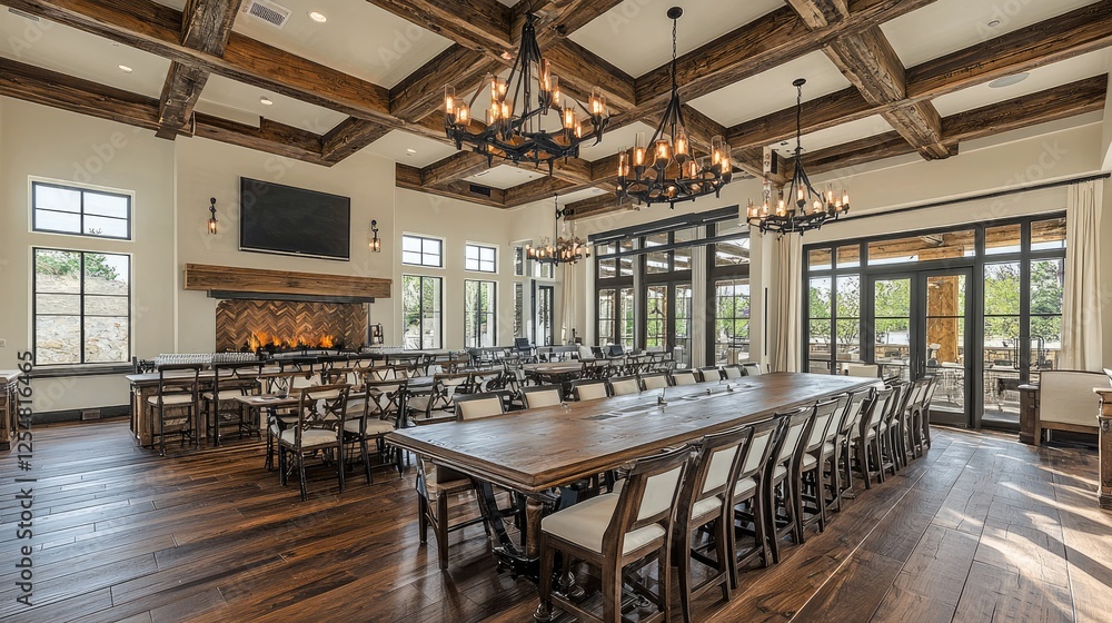 Spacious dining room with rustic wooden beams, elegant chandeliers, and a cozy fireplace Spacious dining room with rustic wooden beams, elegant chandeliers, and a cozy fireplace