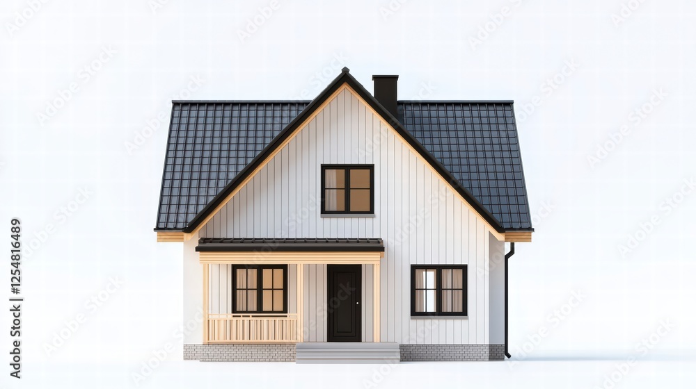 Dream Home Model: A charming model of a two-story house with a dark gray roof, white siding, and black-framed windows sits invitingly against a clean backdrop. Dream Home Model: A charming model of a two-story house with a dark gray roof, white siding, and black-framed windows sits invitingly against a clean backdrop.