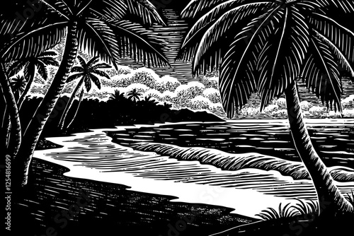 tropical beach landscape black and white hand drawn sketch