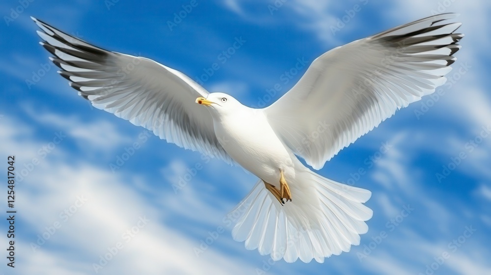 A white bird soaring in a vibrant blue sky with fluffy white clouds A white bird soaring in a vibrant blue sky with fluffy white clouds