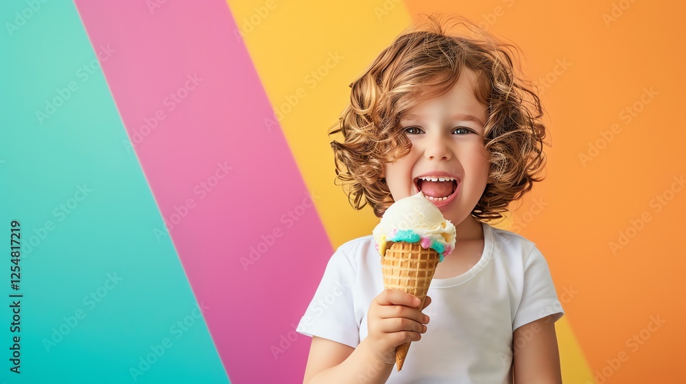 A young boy with curly blonde hair laughs with delight as he enjoys an ice cream cone. A young boy with curly blonde hair laughs with delight as he enjoys an ice cream cone.