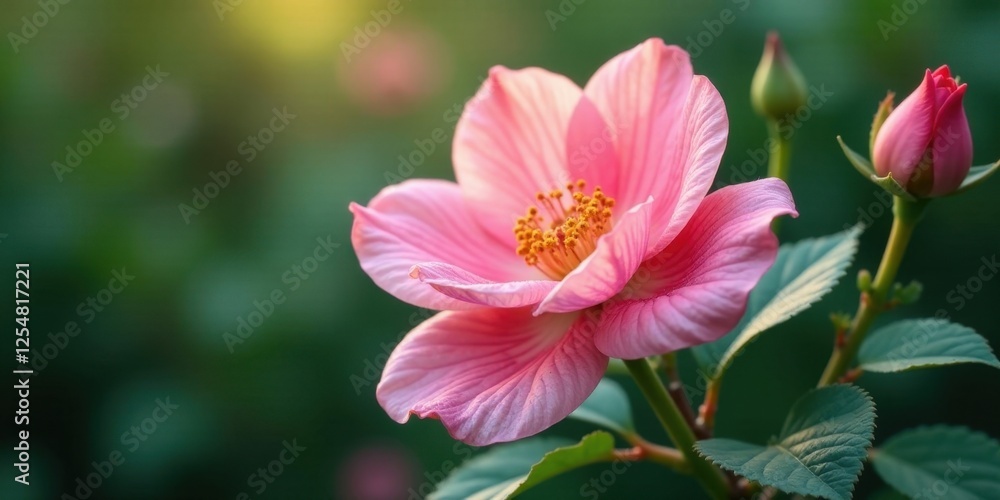Delicate Pink Blossom in Soft Sunlight, Glowing Petals and Vibrant Stamen, Budding Growth on Lush Green Foliage Delicate Pink Blossom in Soft Sunlight, Glowing Petals and Vibrant Stamen, Budding Growth on Lush Green Foliage