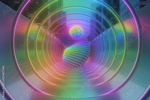 Neon rainbow tunnel in a city, glowing orbs and abstract shapes.