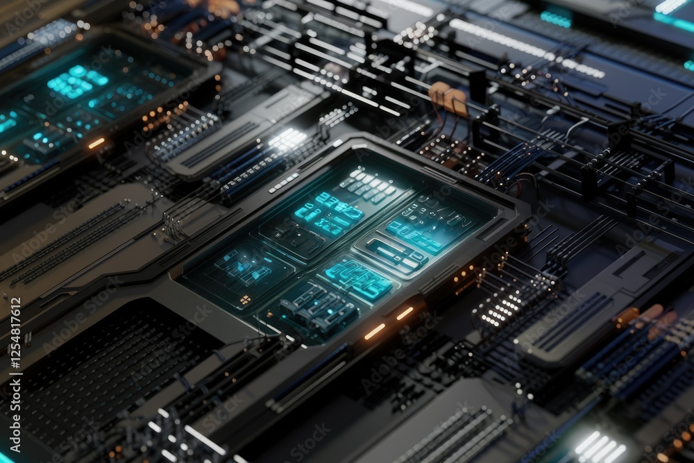 Futuristic digital circuitry board with glowing cyan interfaces and intricate wiring. Futuristic digital circuitry board with glowing cyan interfaces and intricate wiring.