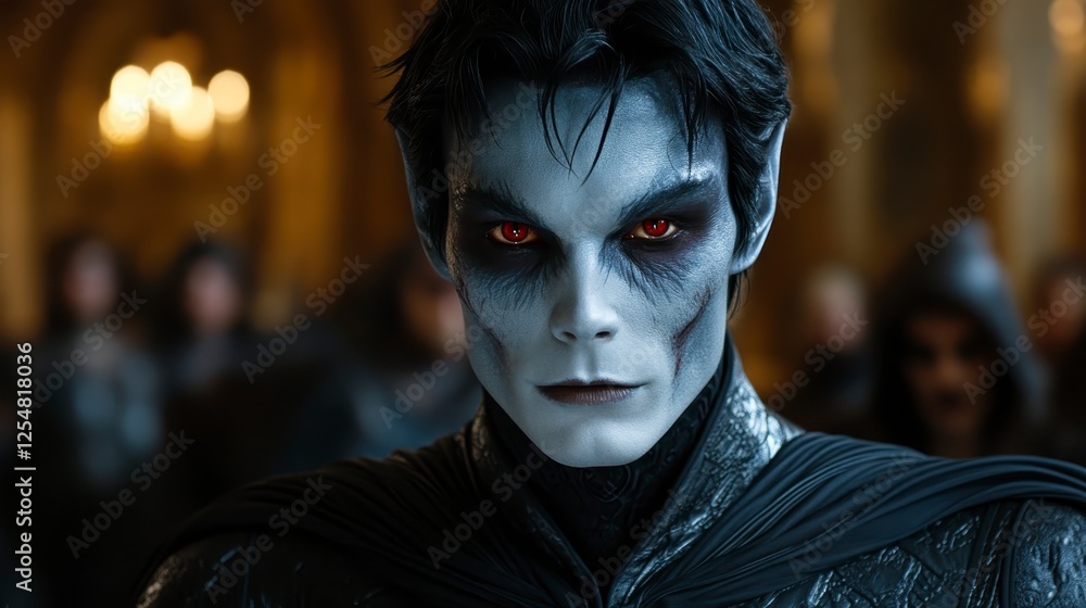 Close up portrait of a person with dramatic makeup, featuring dark skin tones, intricate patterns, and striking red eyes, set against a blurred Close up portrait of a person with dramatic makeup, featuring dark skin tones, intricate patterns, and striking red eyes, set against a blurred