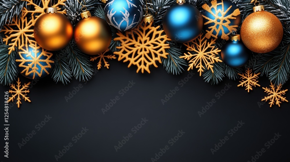 Fototapeta premium Festive gold & blue baubles, snowflakes, pine branches on dark background. Holiday card design