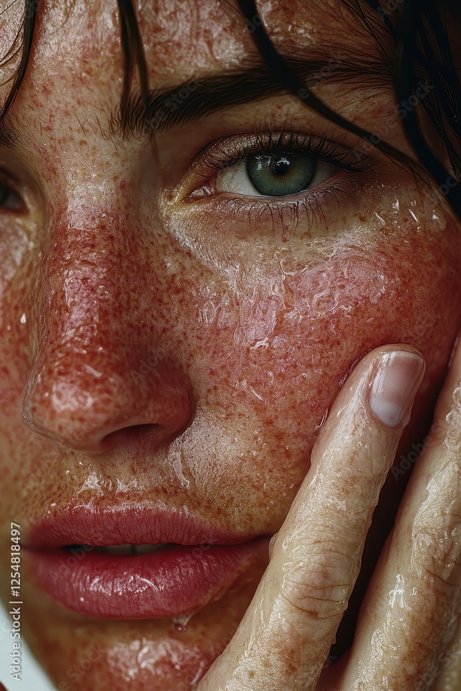 Closeup of a person's face, showing perspiration and redness on skin, with hand touching face, soft lighting Closeup of a person's face, showing perspiration and redness on skin, with hand touching face, soft lighting