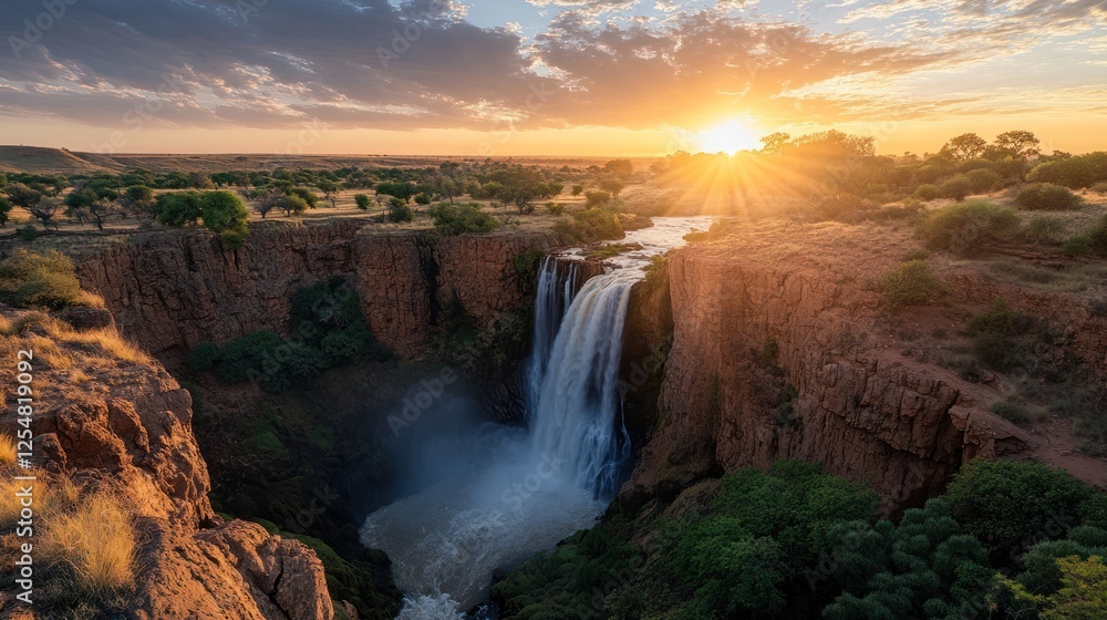 Fototapeta premium Sunset over waterfall, savanna landscape, Africa