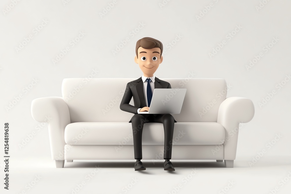 A cheerful 3D cartoon businessman working on his laptop while sitting on a sleek black sofa. Perfect for office, freelance, or digital workspace themes. Bright, modern, and professional A cheerful 3D cartoon businessman working on his laptop while sitting on a sleek black sofa. Perfect for office, freelance, or digital workspace themes. Bright, modern, and professional