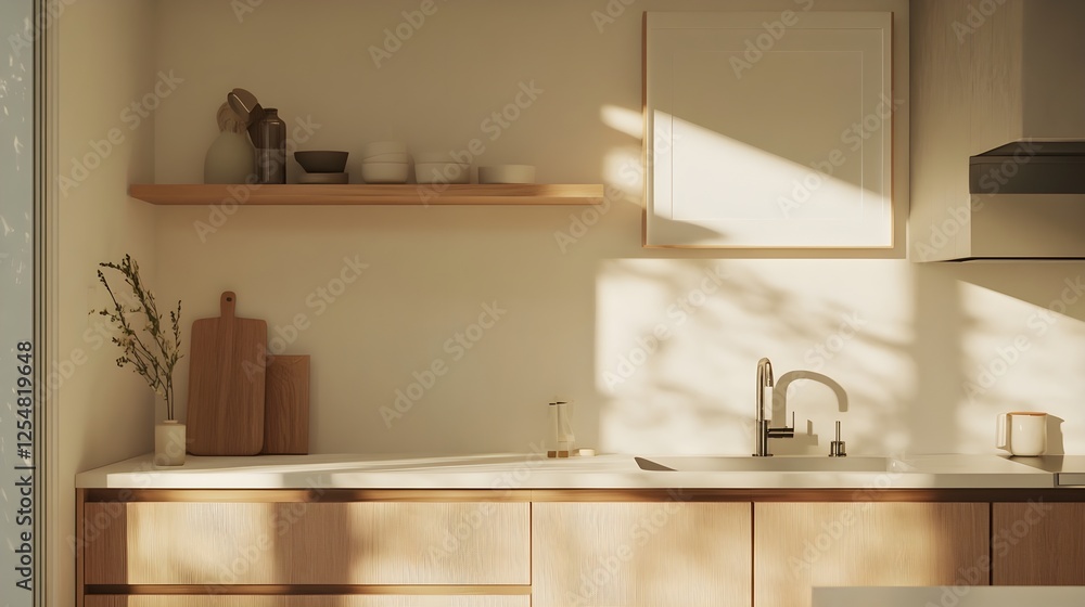 Fototapeta premium A light and airy Japandi kitchen with clean lines, wooden elements, and a white frame above the counter.