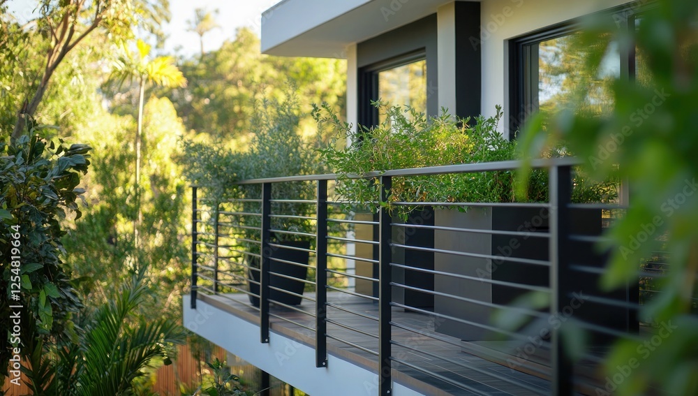 Fototapeta premium Modern Balcony Overlooking Lush Greenery