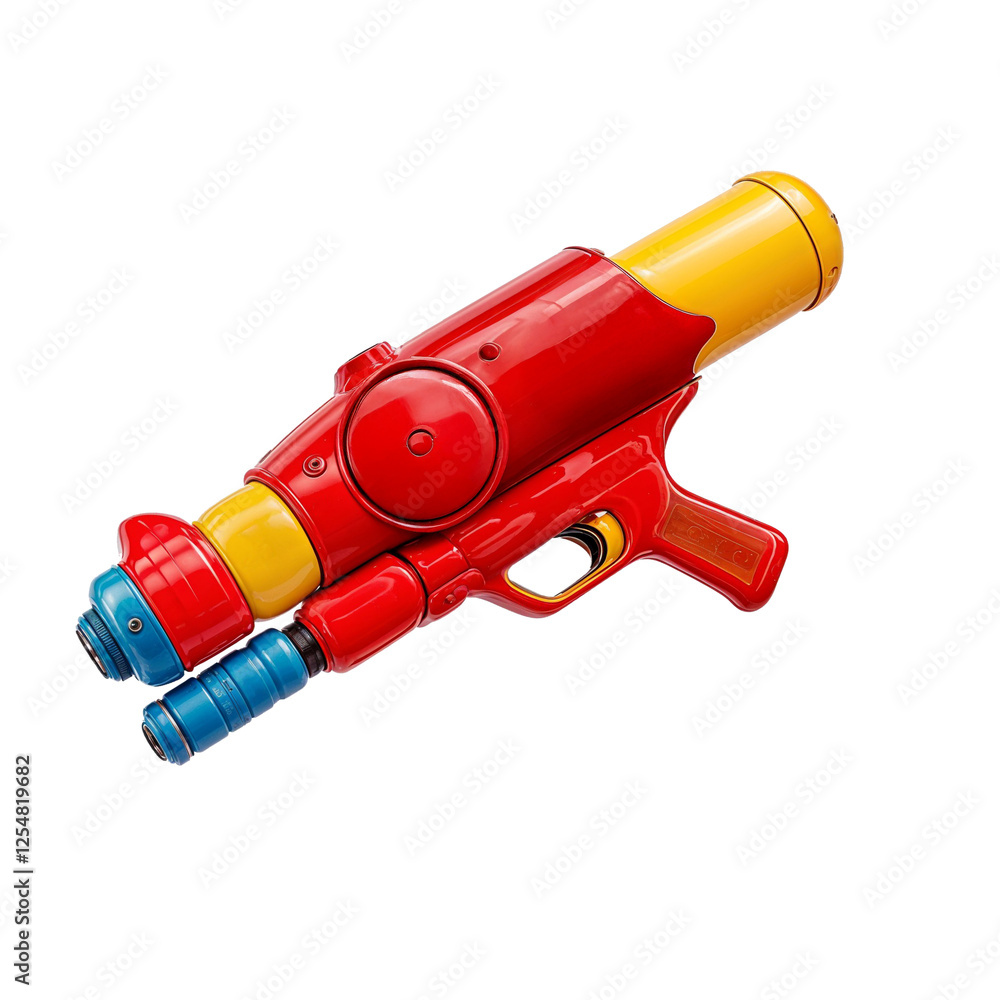 Colorful Plastic Red Water Gun and yellow blue detail on White Background for songkran day Colorful Plastic Red Water Gun and yellow blue detail on White Background for songkran day