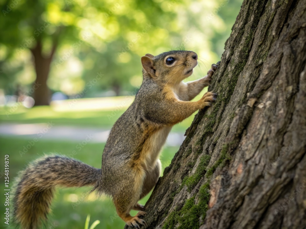 Fototapeta premium A charming squirrel gathers nuts in a tree, a delightful wildlife photo capturing its cuteness.