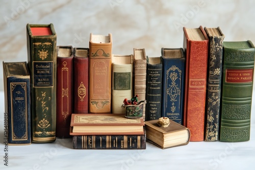 Antique books collection vintage design leather bound. AI generated photo